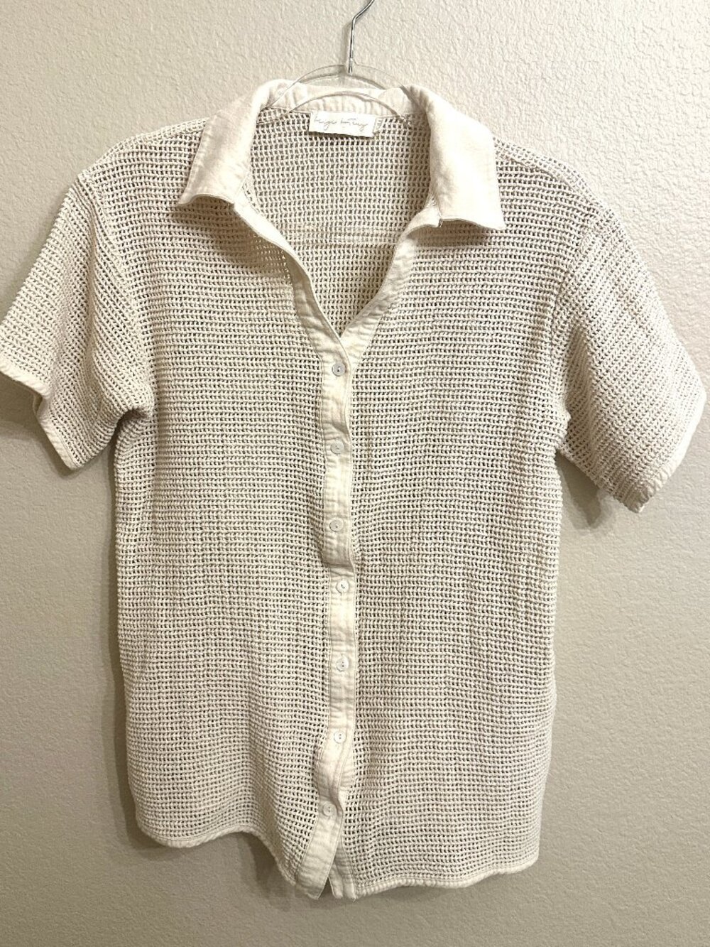 Beige Botany Open Knit Cream Button-Down Top
